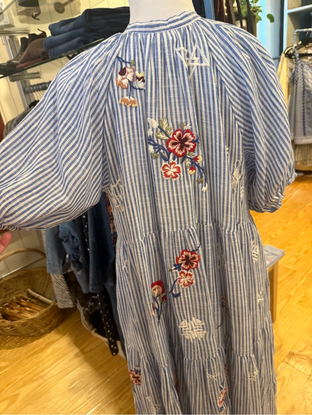 Kyla Seo Blue Striped Embroidered Maxi Dress - Puff Sleeve - Picture 6 of 11